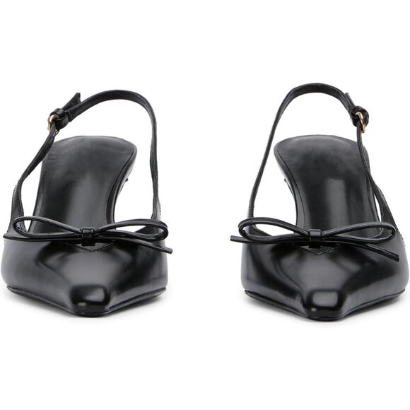 Black Slingback Women's Bow Pointed Toe Kitten Heel Backless Stiletto Sandals - Picture 2 of 8